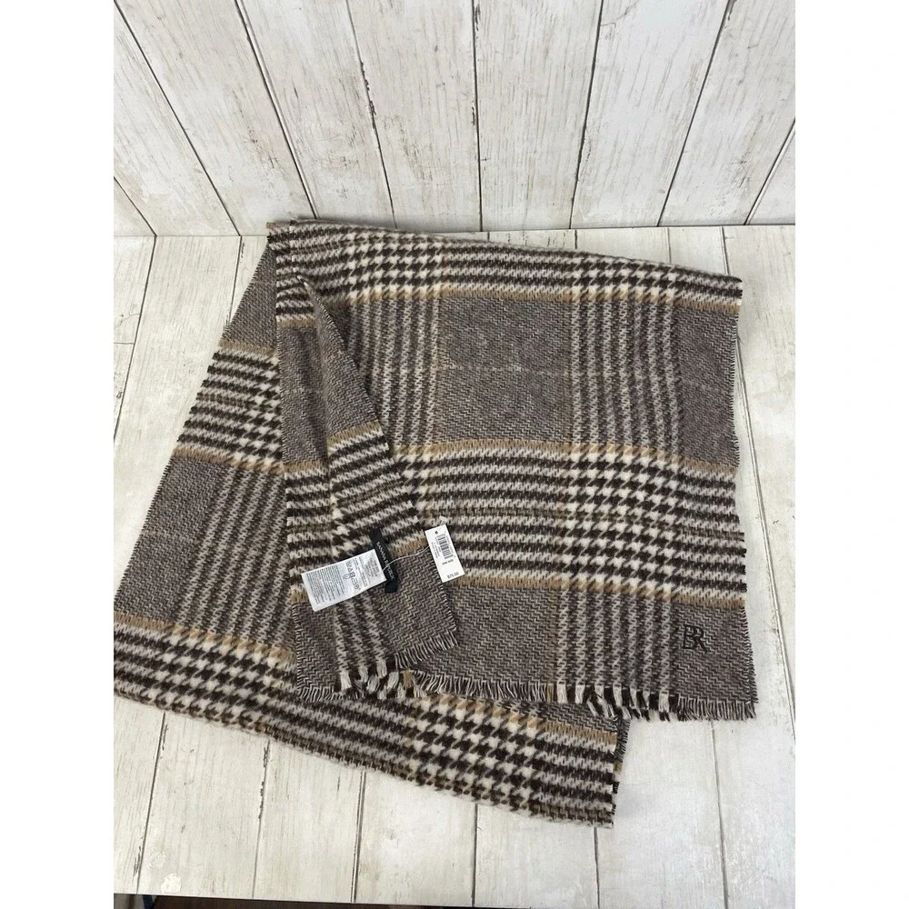 Banana Republic Mens 100% Wool Houndstooth & Plaid Scarf Brown Tan Cream NWT $75